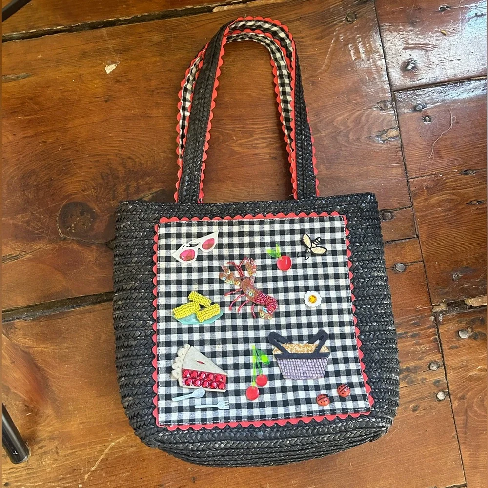 Cappelli Straw World Hand Bag Purse picnic lobster ladybug - Picture 3 of 6